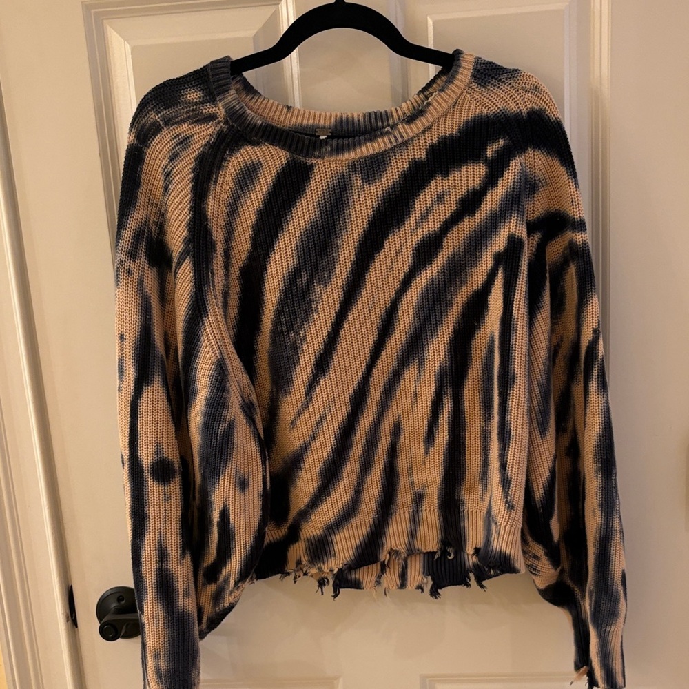 YFB (Young Fabulous Broke) XS Distressed Tie-Dye Knit Sweater in Beige and Blue.